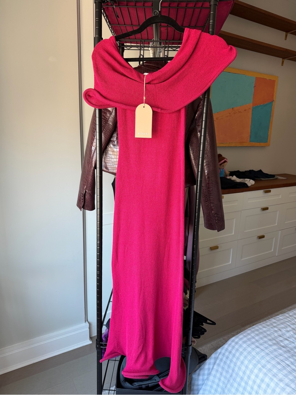 MESHKI Off-Shoulder Raspberry Knit Bodycon Dress - Picture 5 of 6